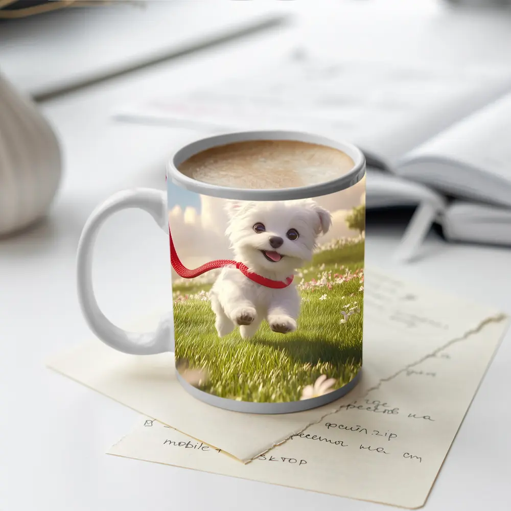 White Maltese Puppy Running Green Field – Mugs