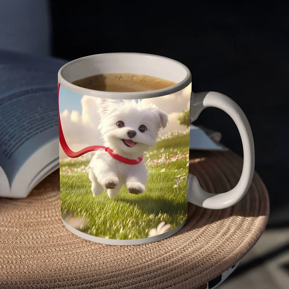 White Maltese Puppy Running Green Field – Mugs