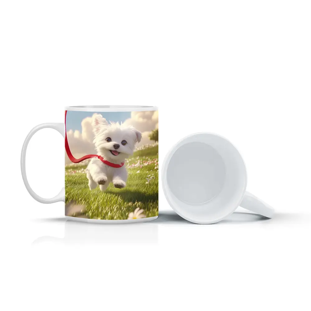 White Maltese Puppy Running Green Field – Mugs