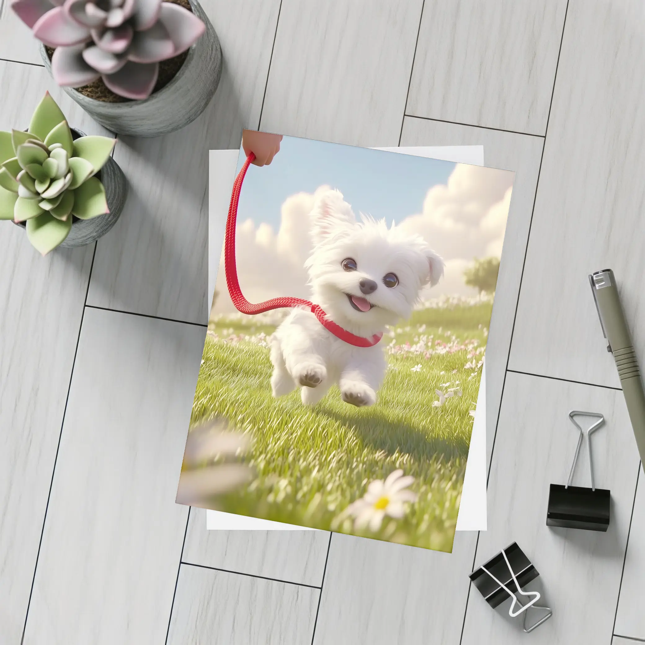 White Maltese Puppy Running Green Field – Postcards