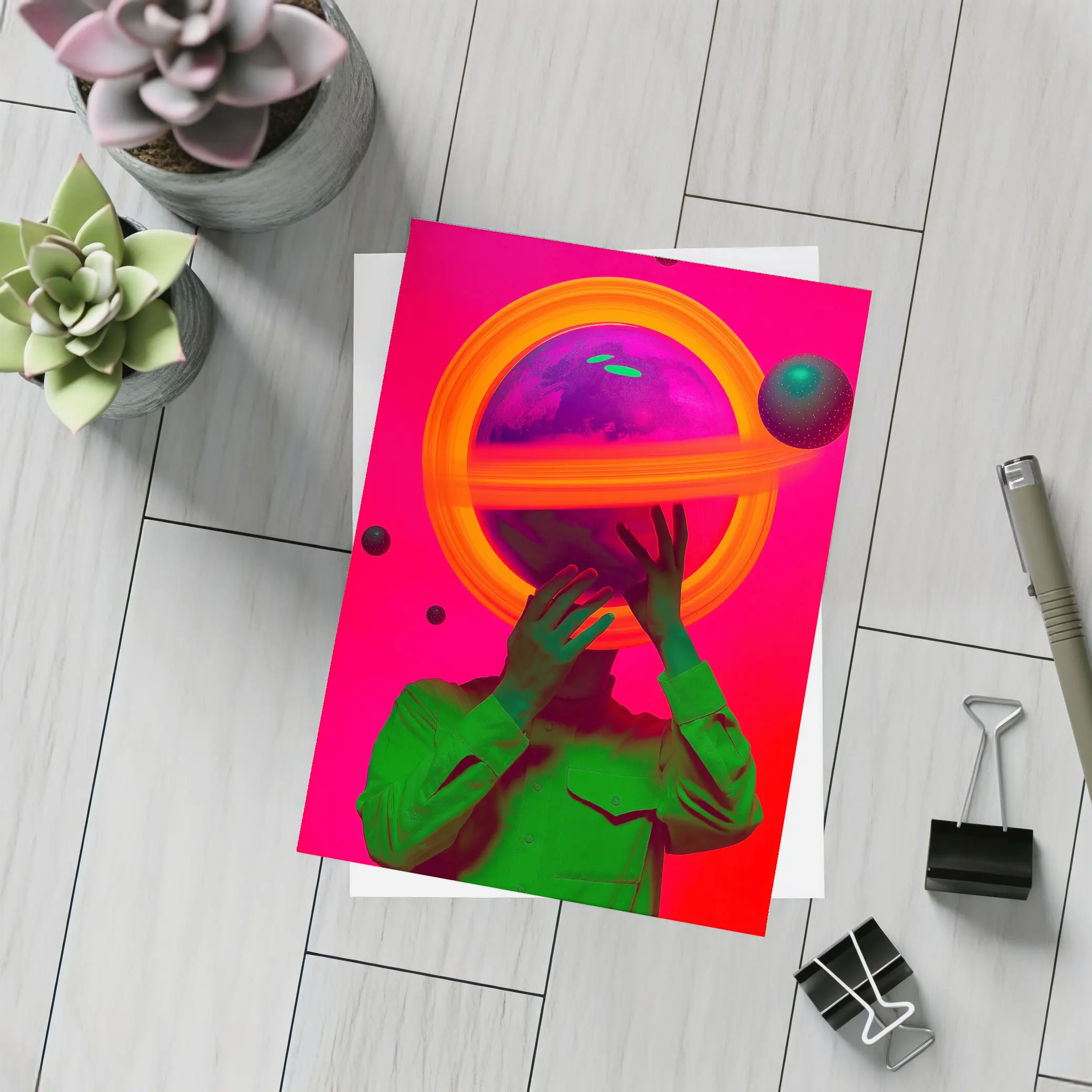 Neon Planet Man Surreal Pop Art – Postcards