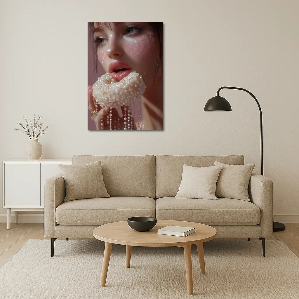 Woman Holding Pearl Jewelry Pink Background – Wall Art