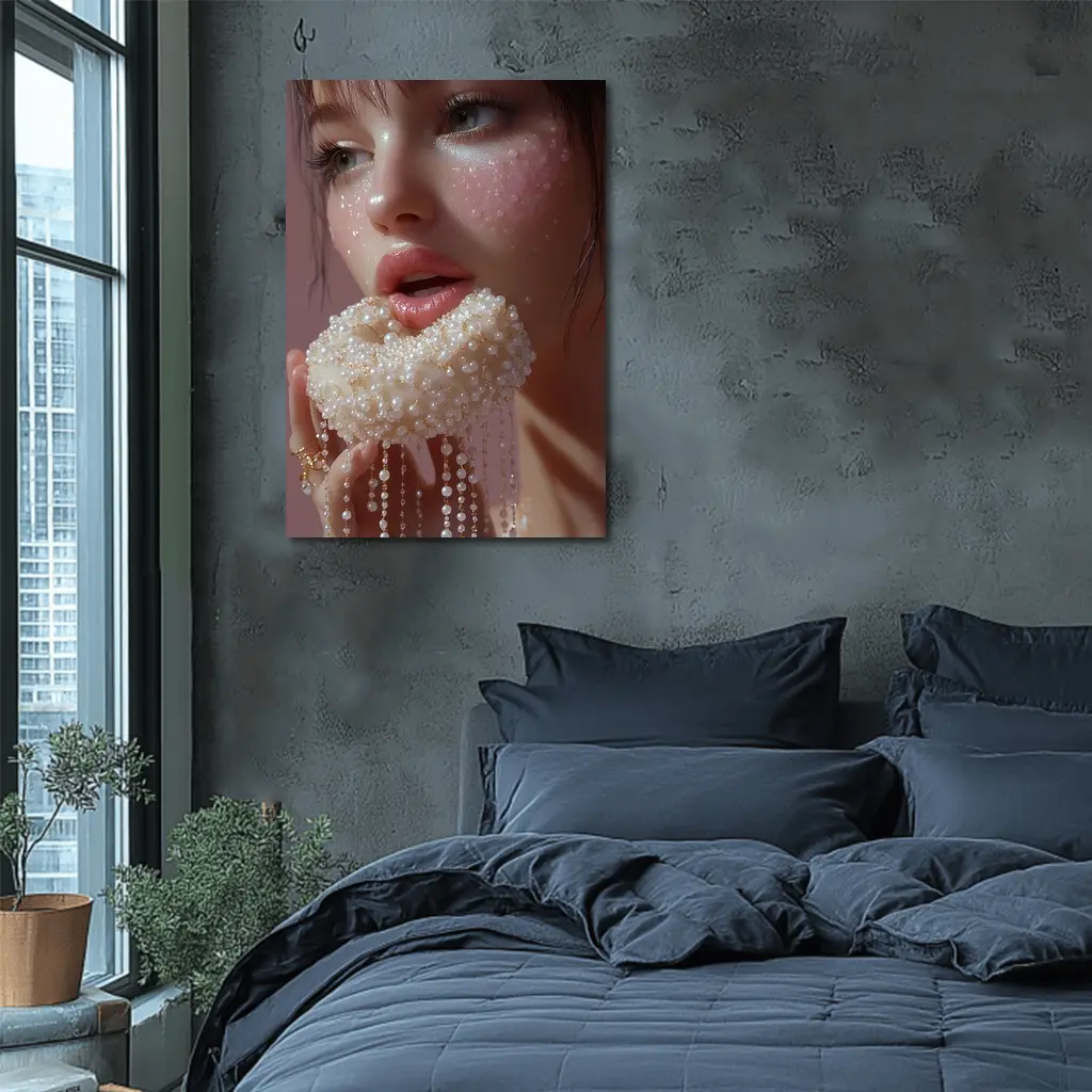 Woman Holding Pearl Jewelry Pink Background – Wall Art