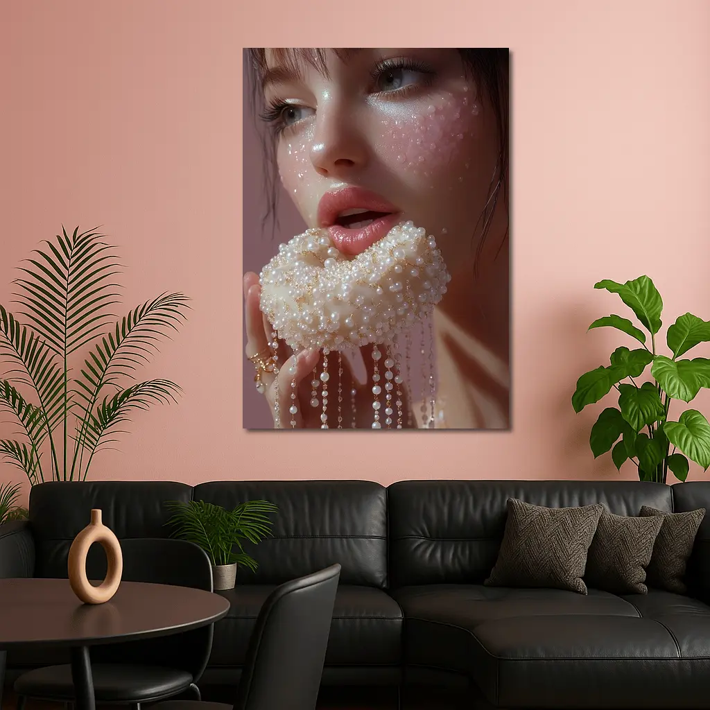 Woman Holding Pearl Jewelry Pink Background – Wall Art