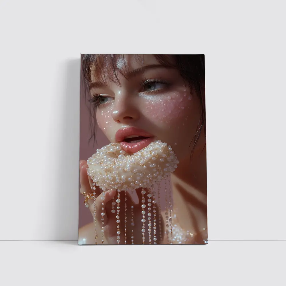 Woman Holding Pearl Jewelry Pink Background – Wall Art