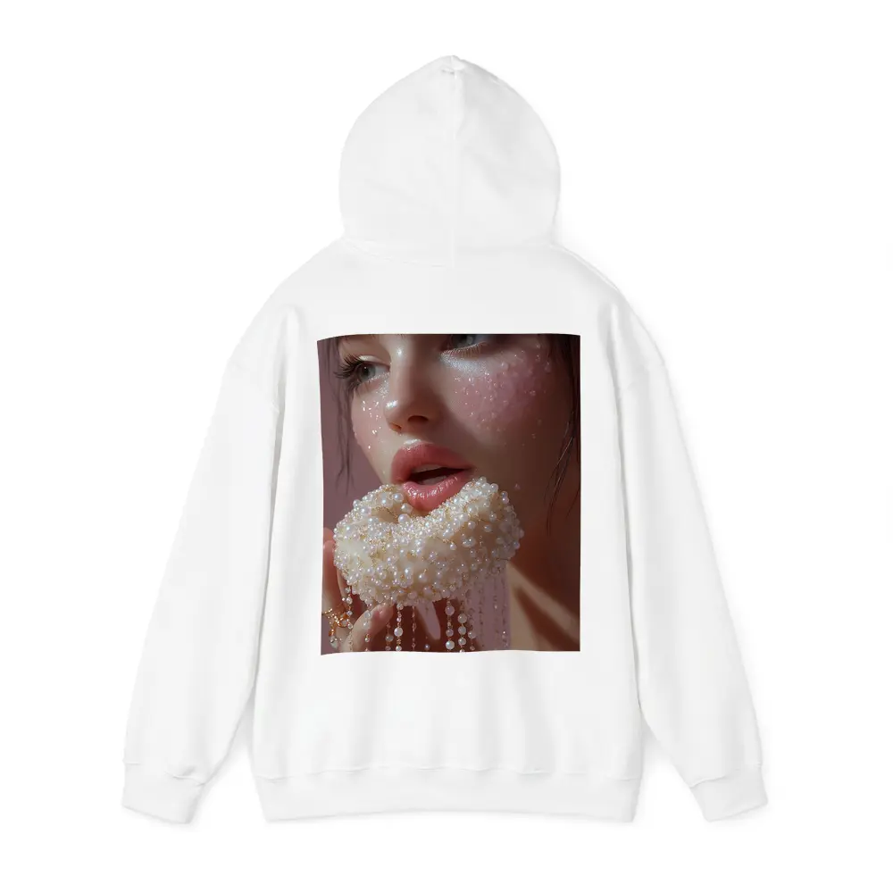 Woman Holding Pearl Jewelry Pink Background – Hoodies