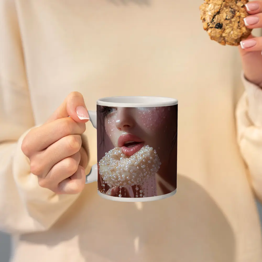 Woman Holding Pearl Jewelry Pink Background – Mugs