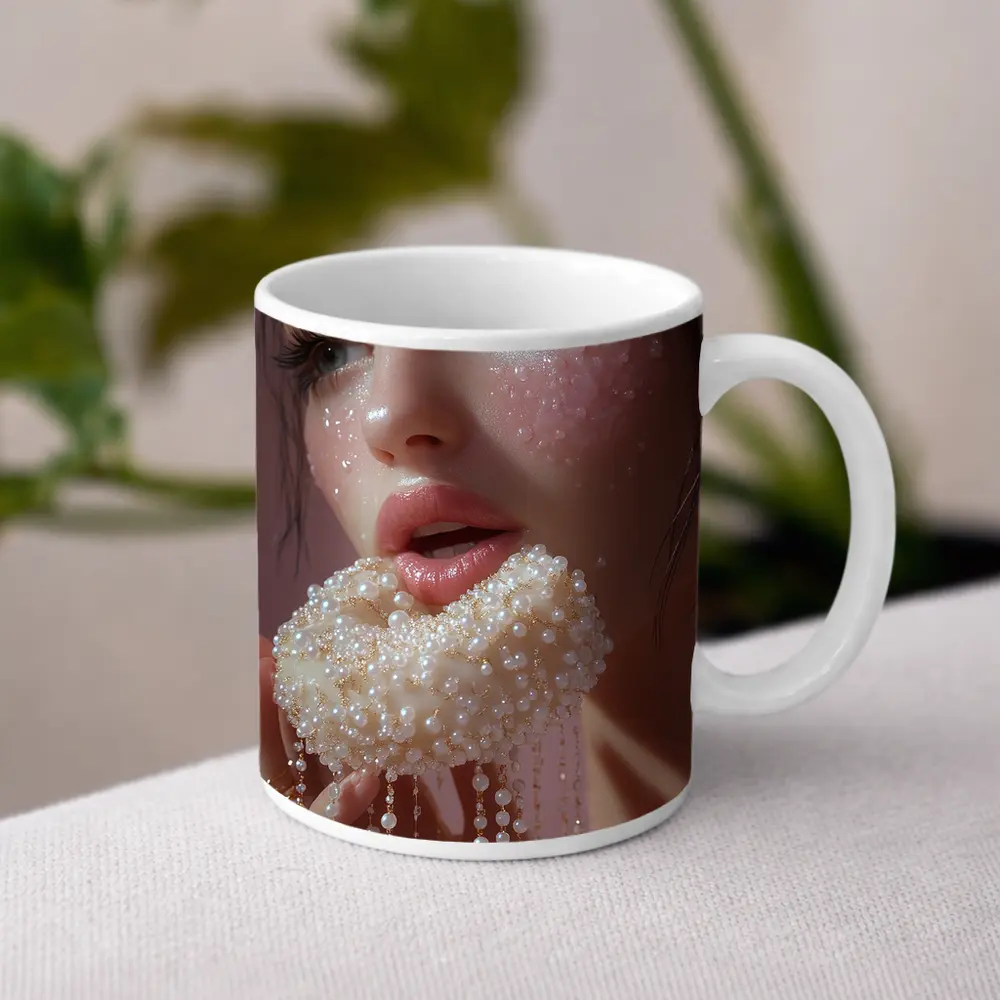 Woman Holding Pearl Jewelry Pink Background – Mugs