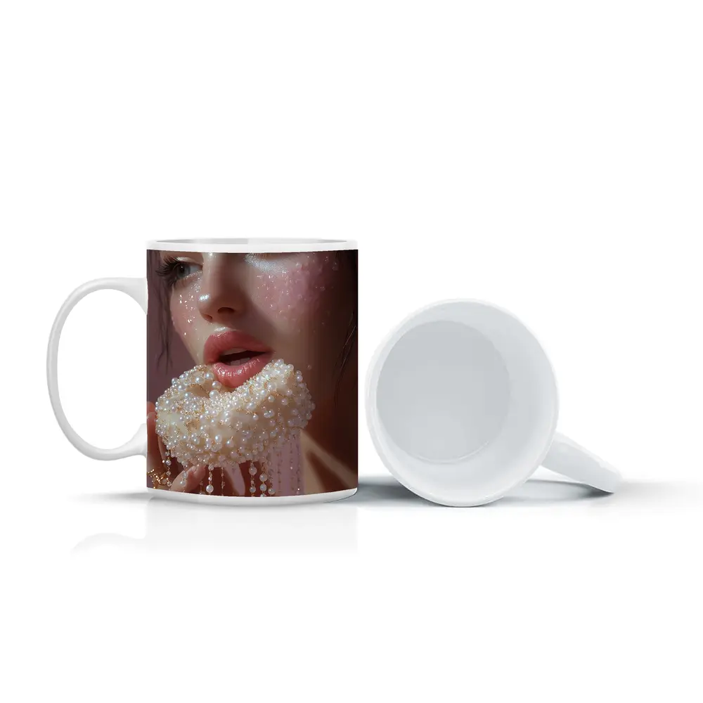 Woman Holding Pearl Jewelry Pink Background – Mugs
