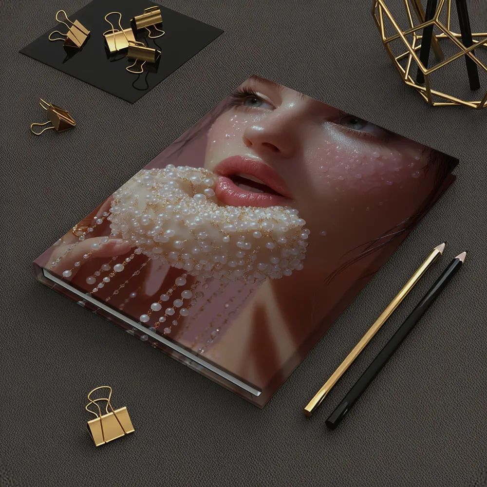 Woman Holding Pearl Jewelry Pink Background – Notebooks