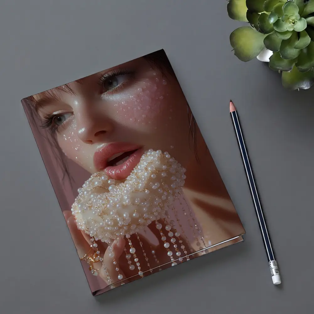 Woman Holding Pearl Jewelry Pink Background – Notebooks