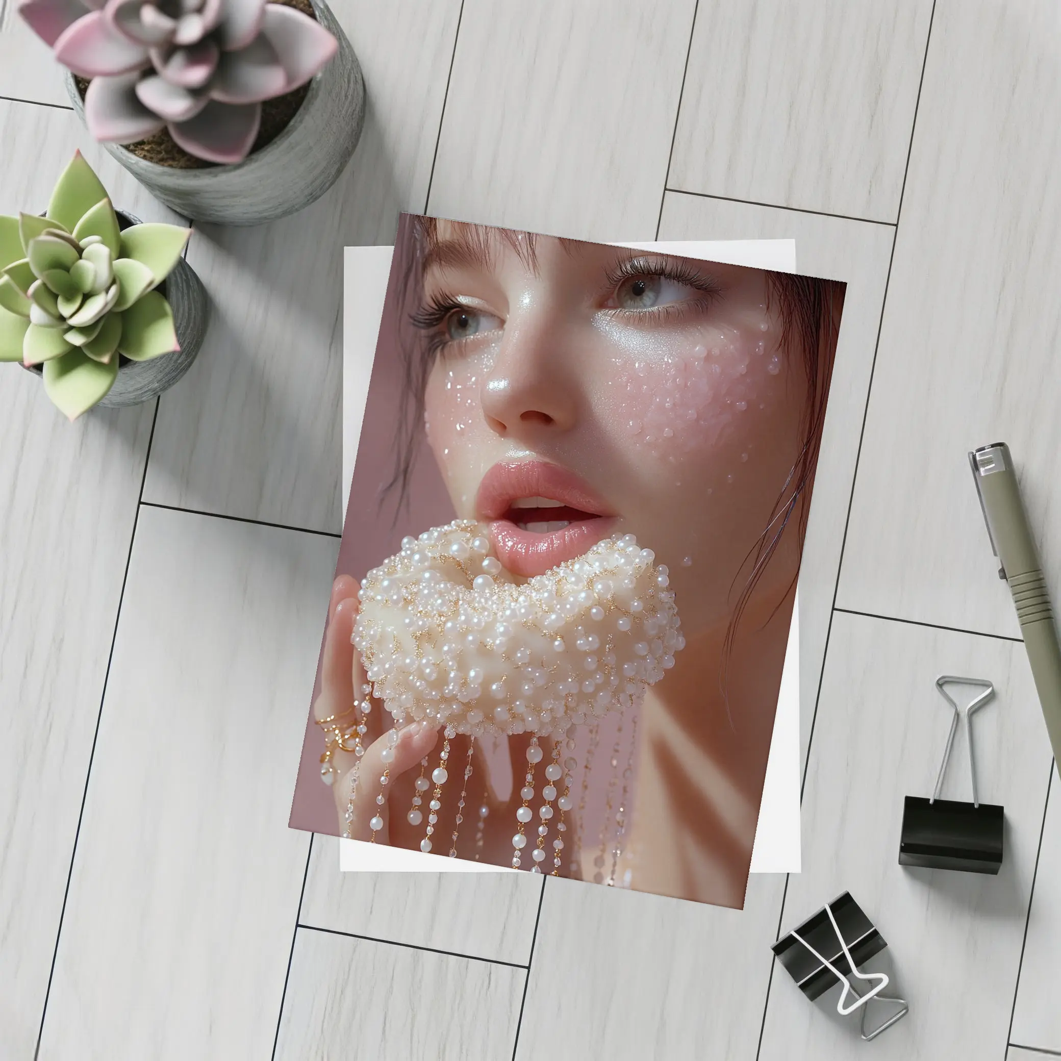 Woman Holding Pearl Jewelry Pink Background – Postcards
