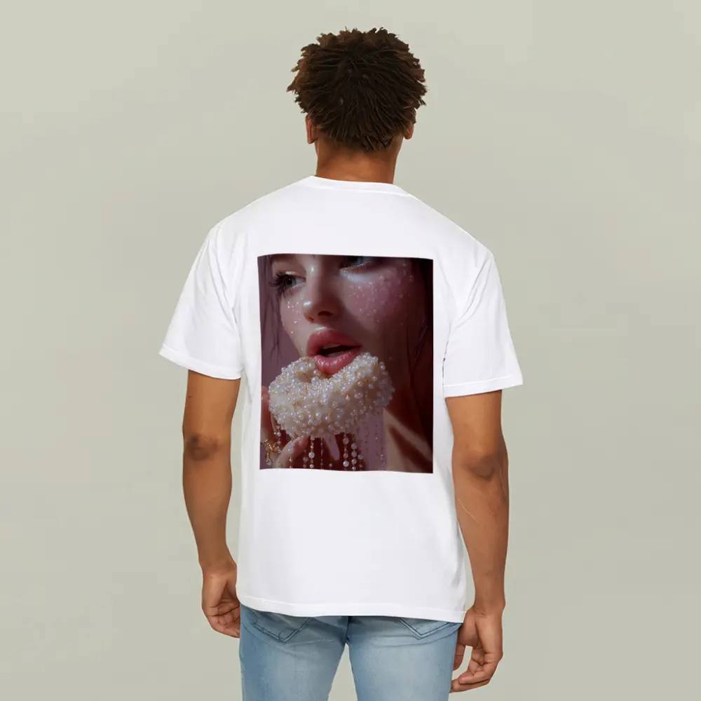 Woman Holding Pearl Jewelry Pink Background – T-Shirts
