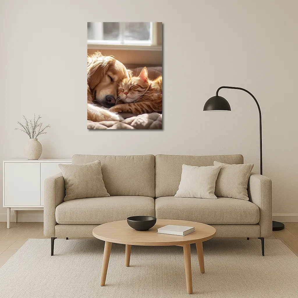 Golden Retriever and Orange Tabby Cat Sleeping – Wall Art