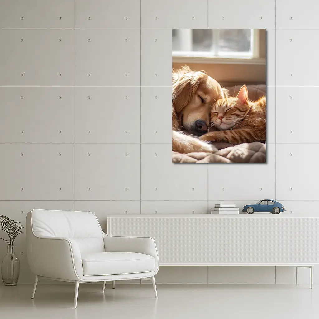 Golden Retriever and Orange Tabby Cat Sleeping – Wall Art