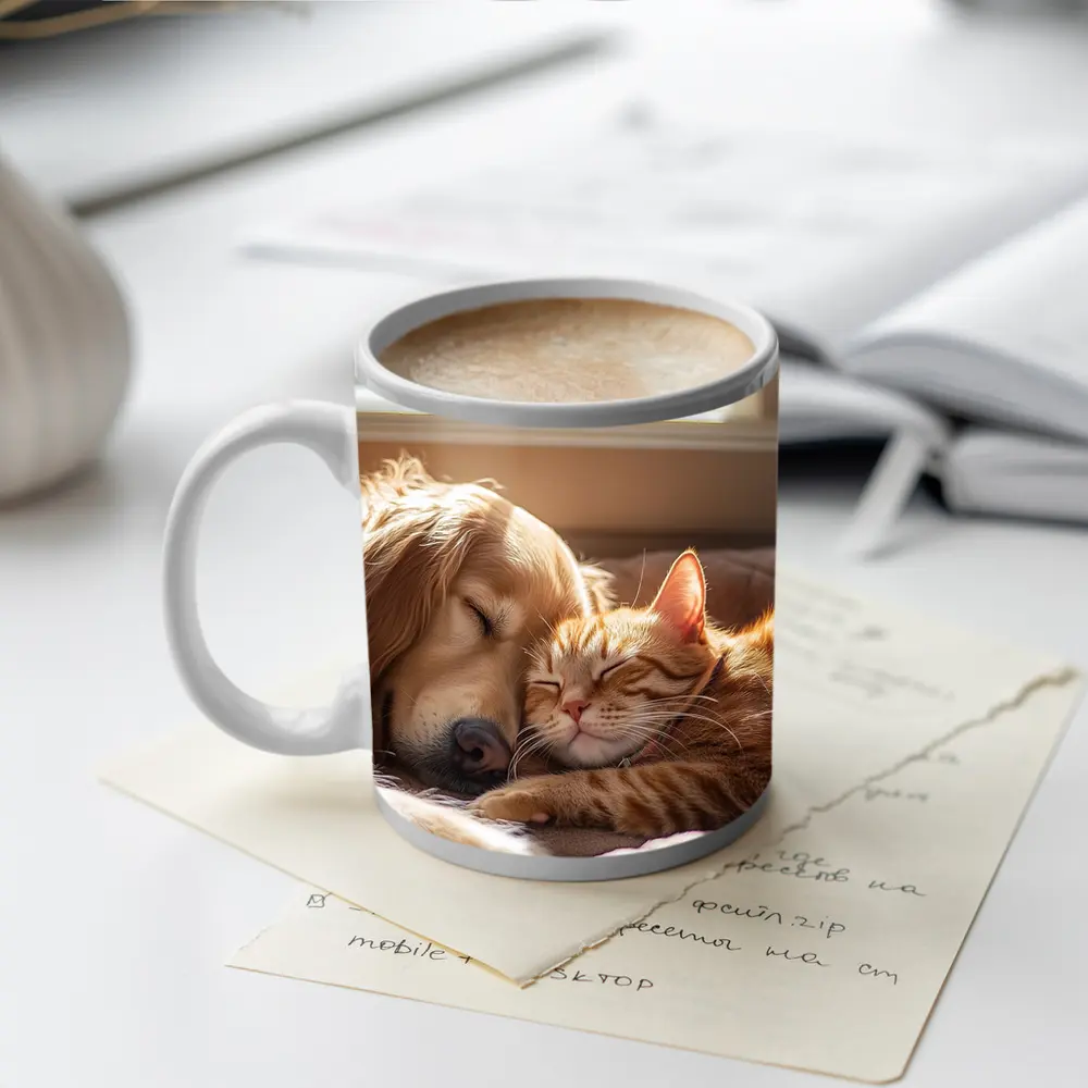 Golden Retriever and Orange Tabby Cat Sleeping – Mugs