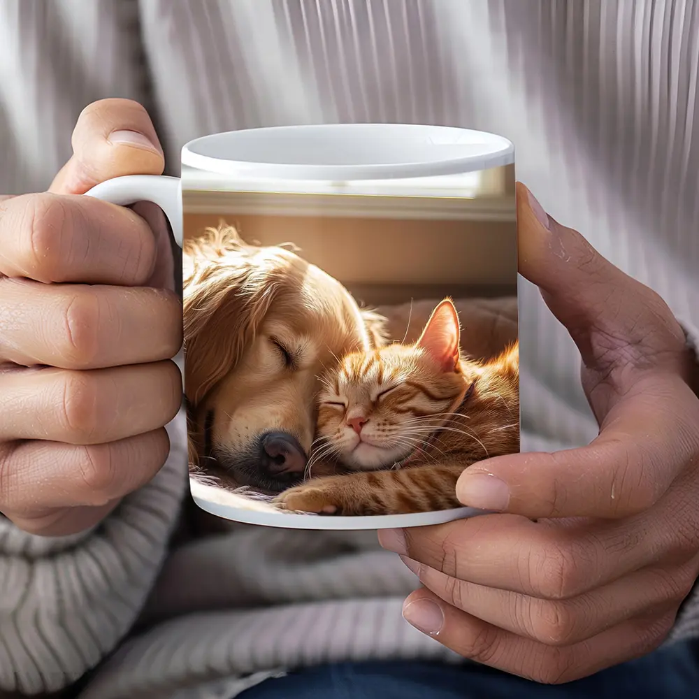 Golden Retriever and Orange Tabby Cat Sleeping – Mugs