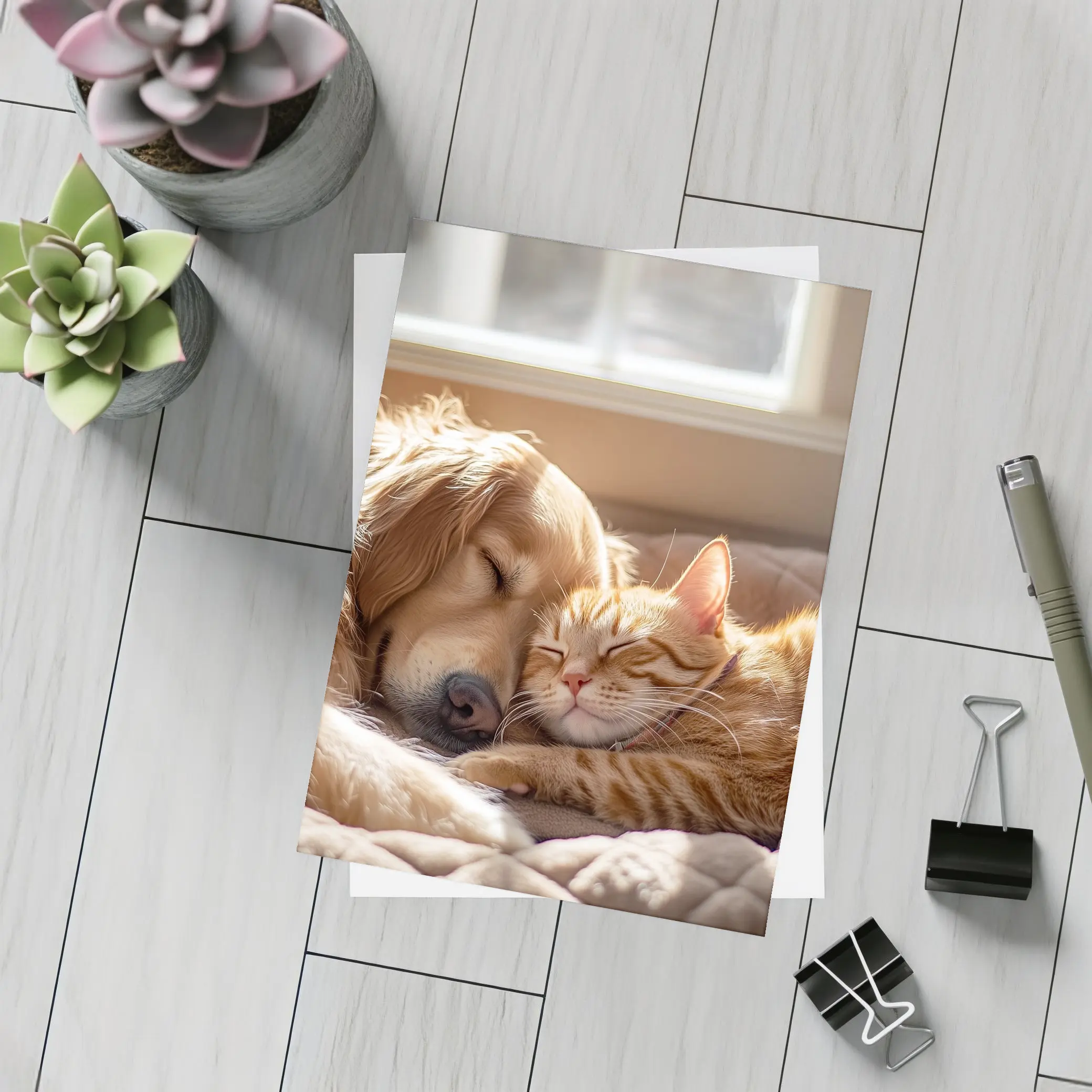 Golden Retriever and Orange Tabby Cat Sleeping – Postcards