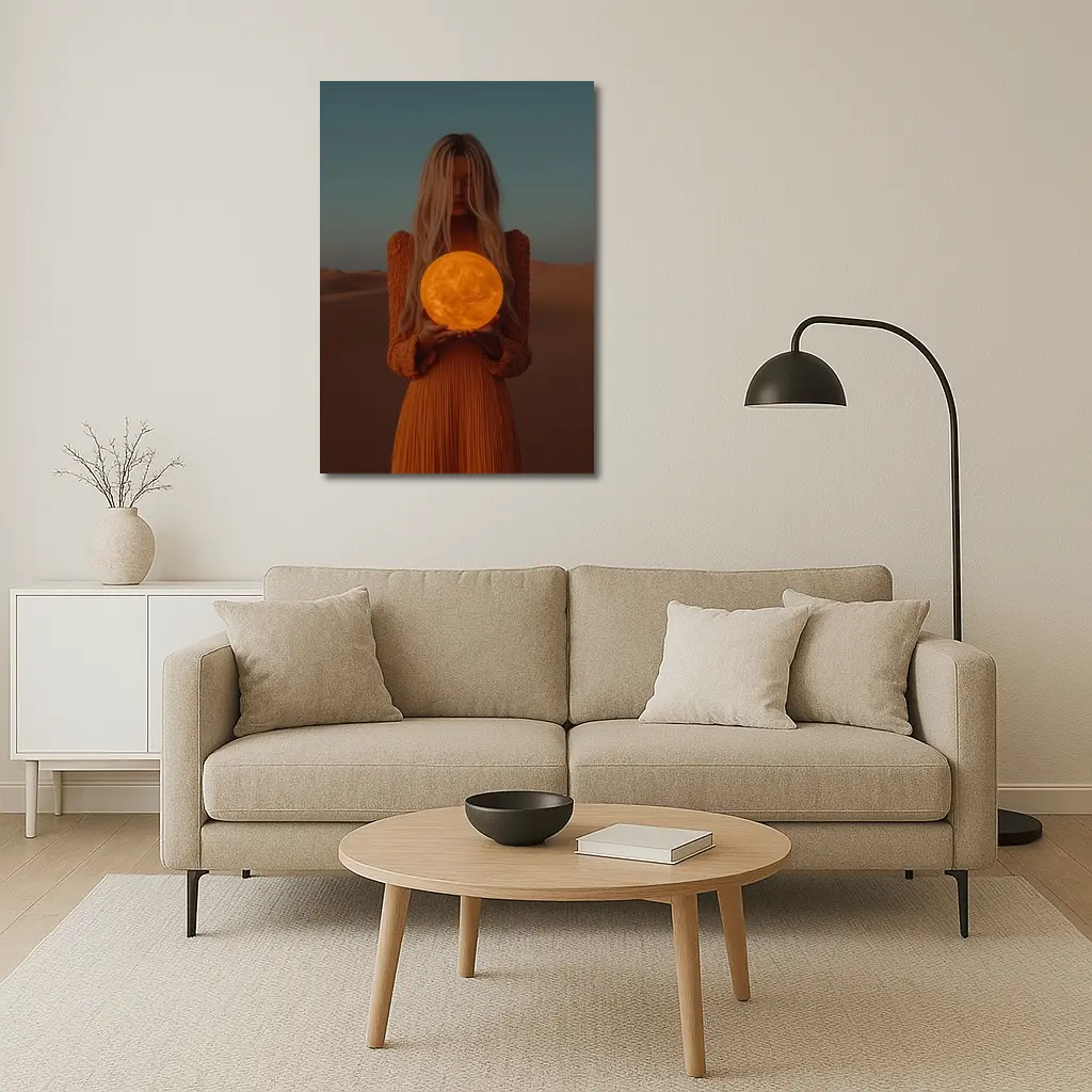 Woman Holding Moon Desert Dusk Scene – Wall Art
