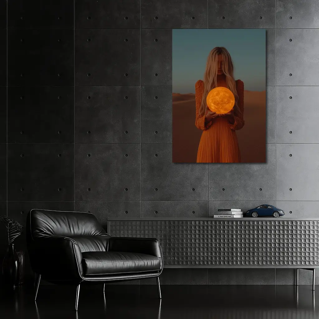 Woman Holding Moon Desert Dusk Scene – Wall Art
