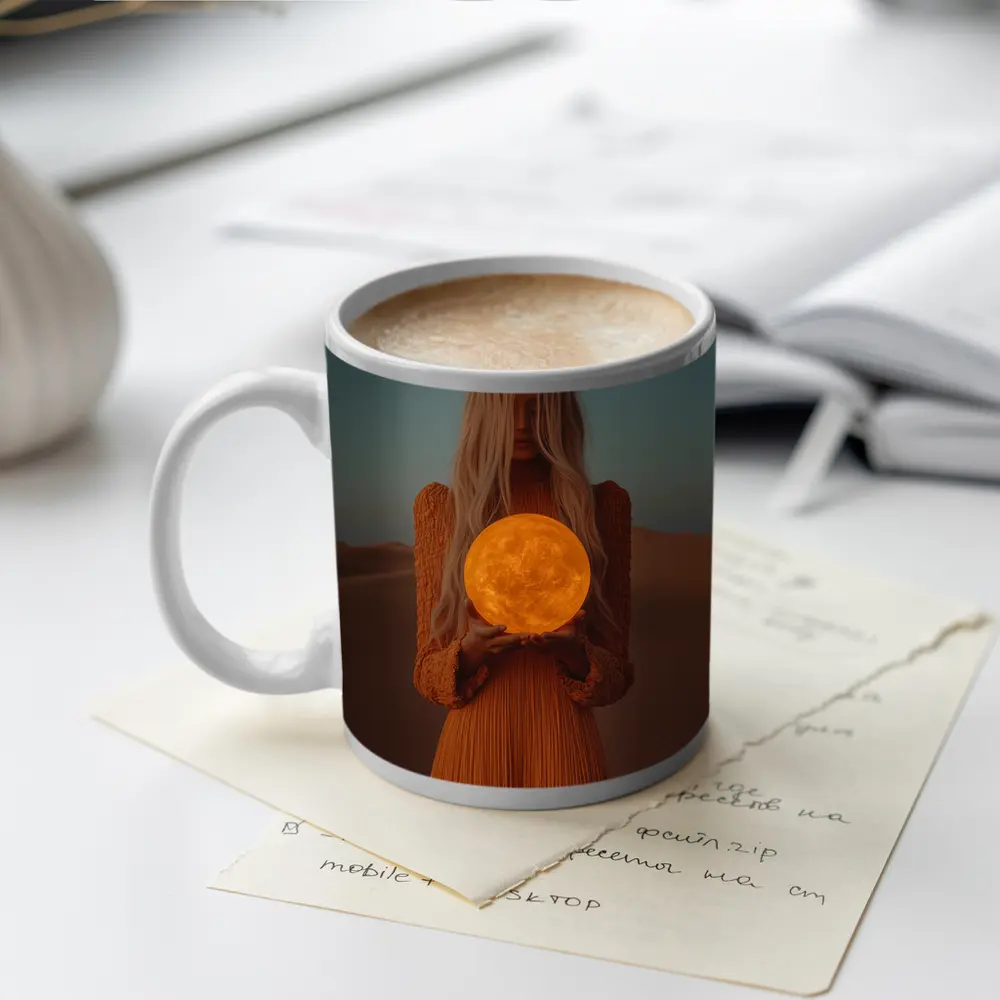 Woman Holding Moon Desert Dusk Scene – Mugs