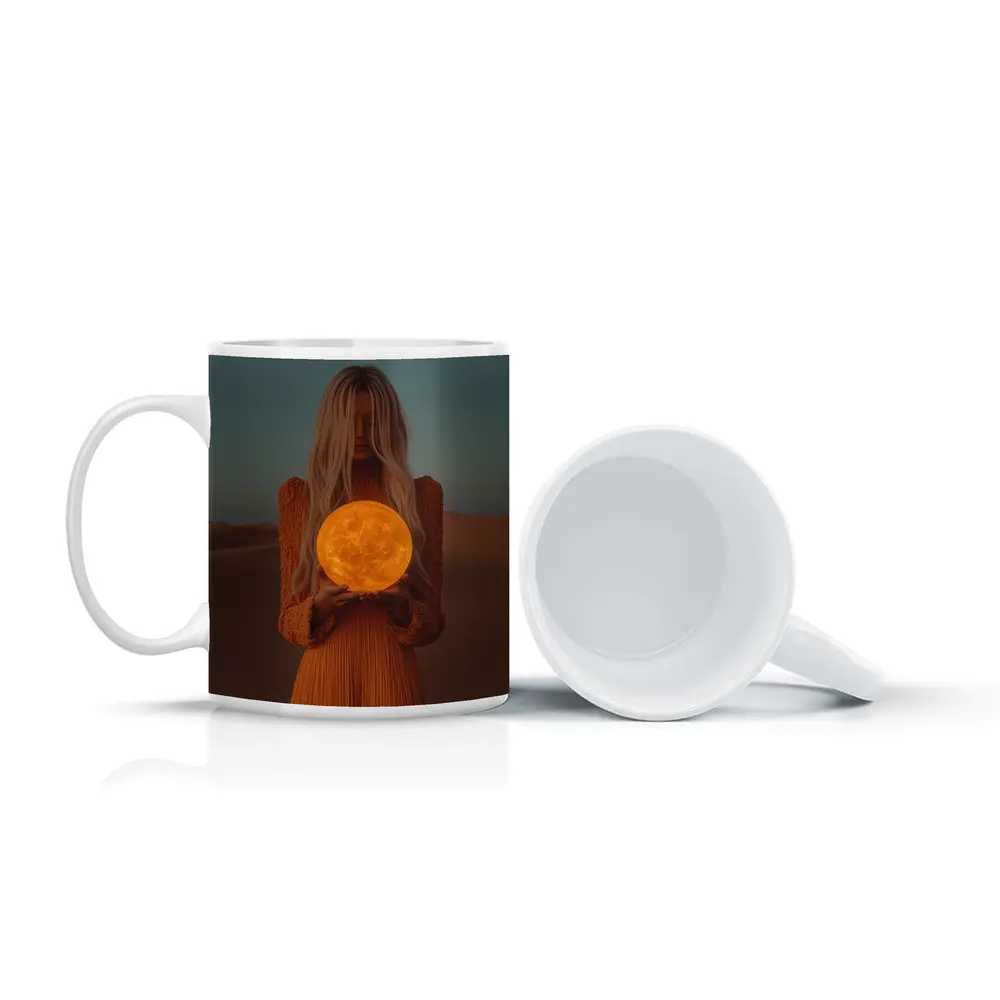 Woman Holding Moon Desert Dusk Scene – Mugs