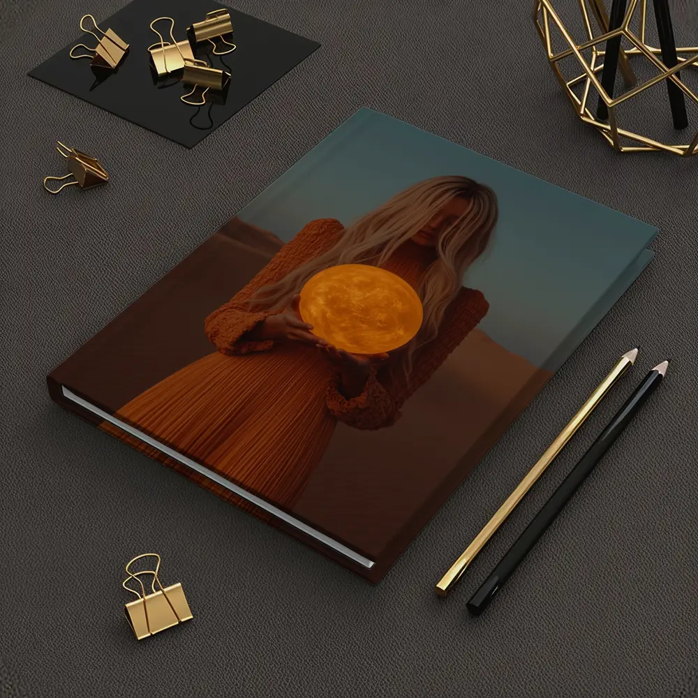 Woman Holding Moon Desert Dusk Scene – Notebooks