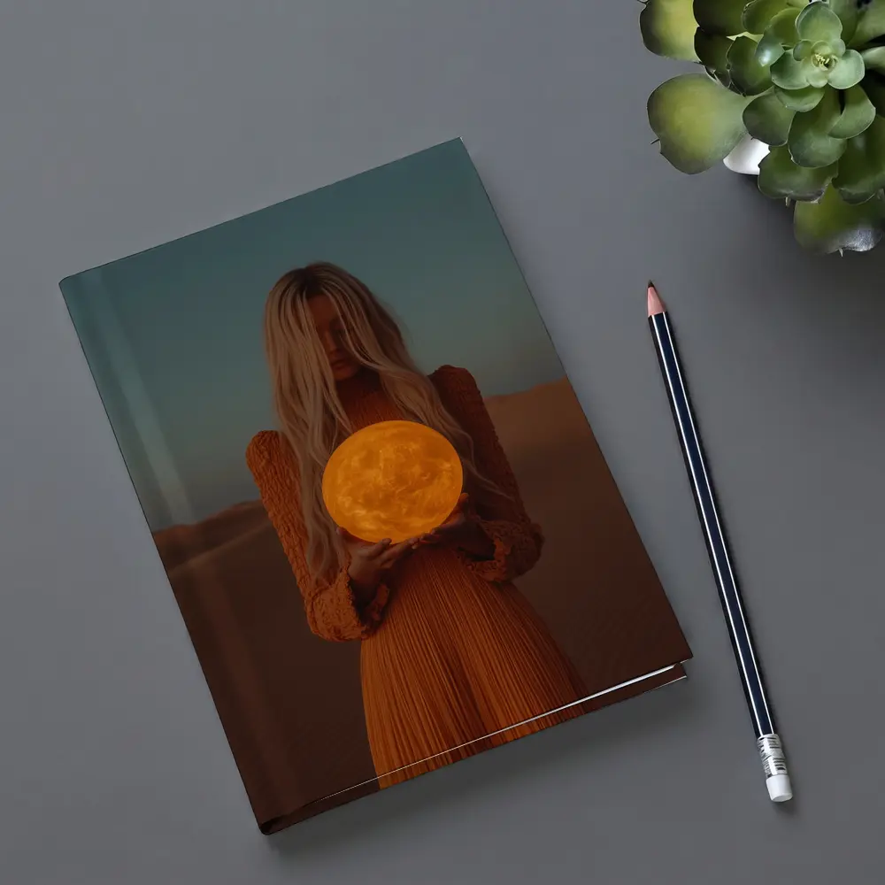 Woman Holding Moon Desert Dusk Scene – Notebooks