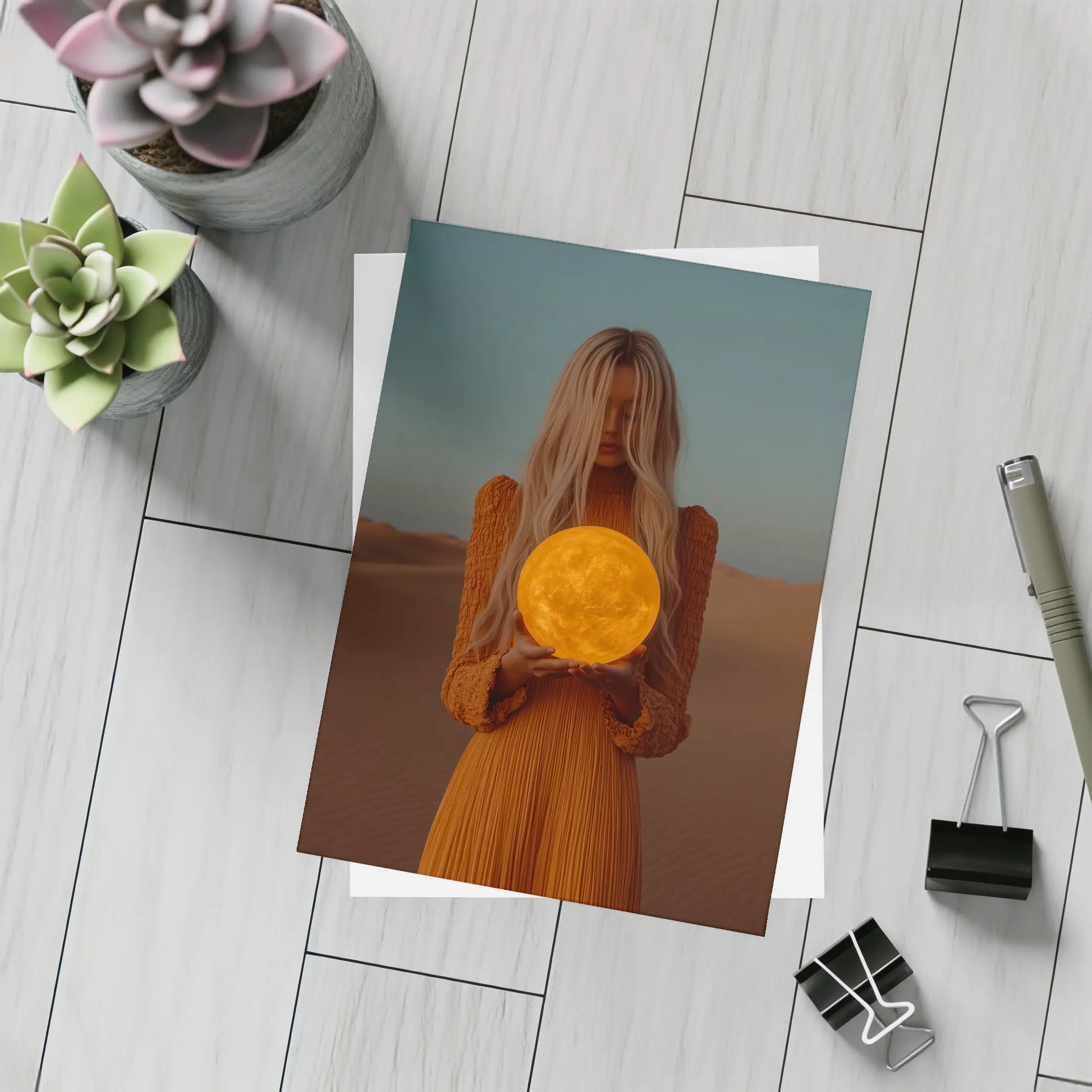 Woman Holding Moon Desert Dusk Scene – Postcards