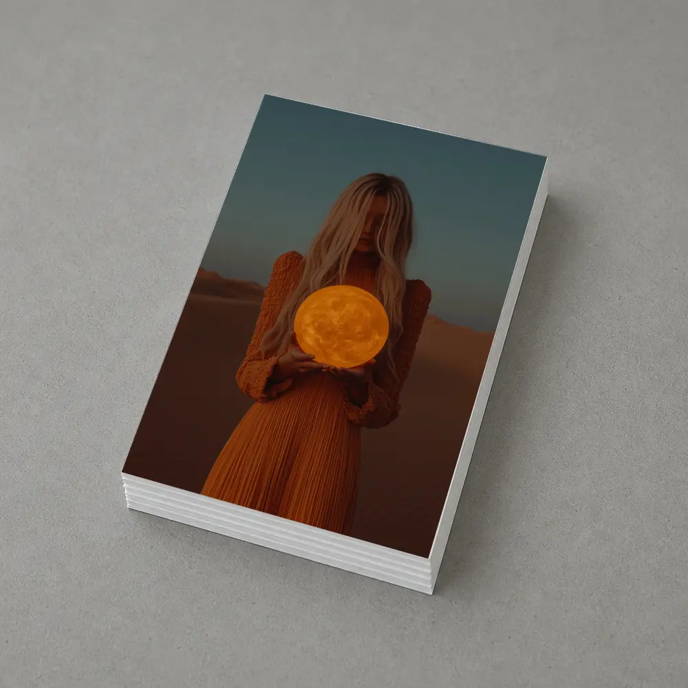 Woman Holding Moon Desert Dusk Scene – Postcards