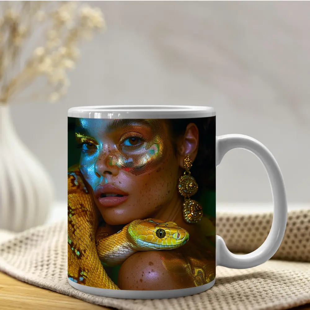 Woman With Yellow Snake Body Paint Art – Mugs
