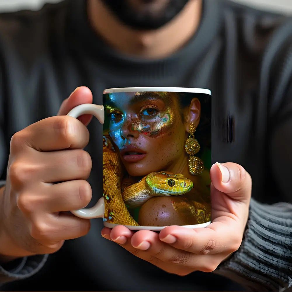 Woman With Yellow Snake Body Paint Art – Mugs