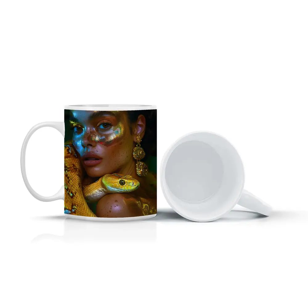 Woman With Yellow Snake Body Paint Art – Mugs