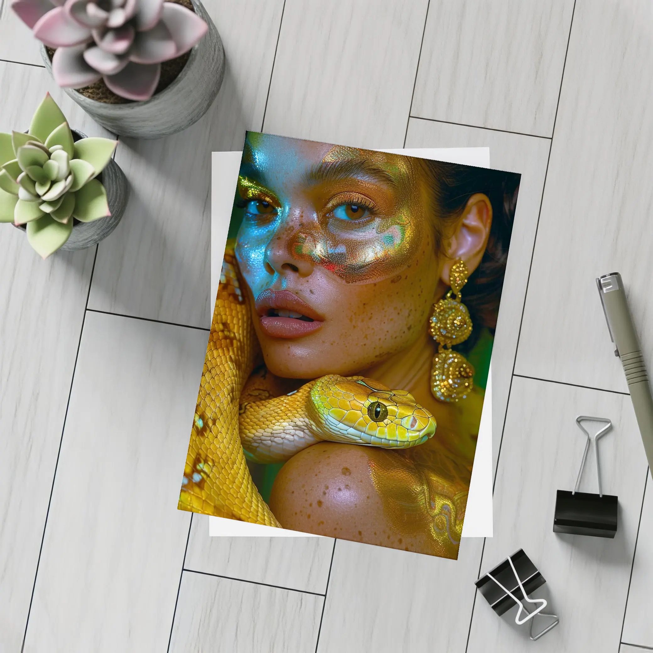 Woman With Yellow Snake Body Paint Art – Postcards