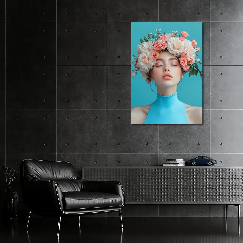 Woman Flower Crown Blue Background Portrait – Wall Art