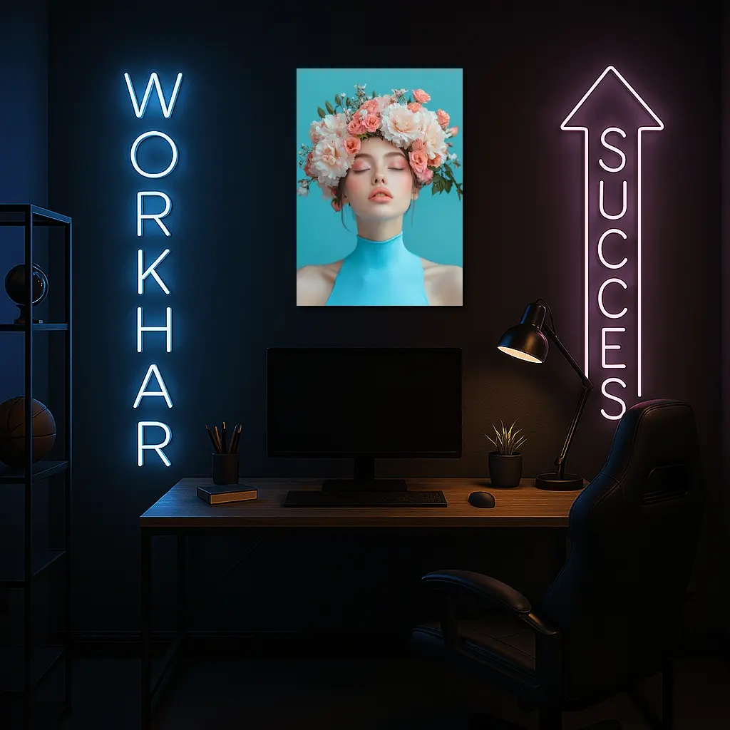 Woman Flower Crown Blue Background Portrait – Wall Art