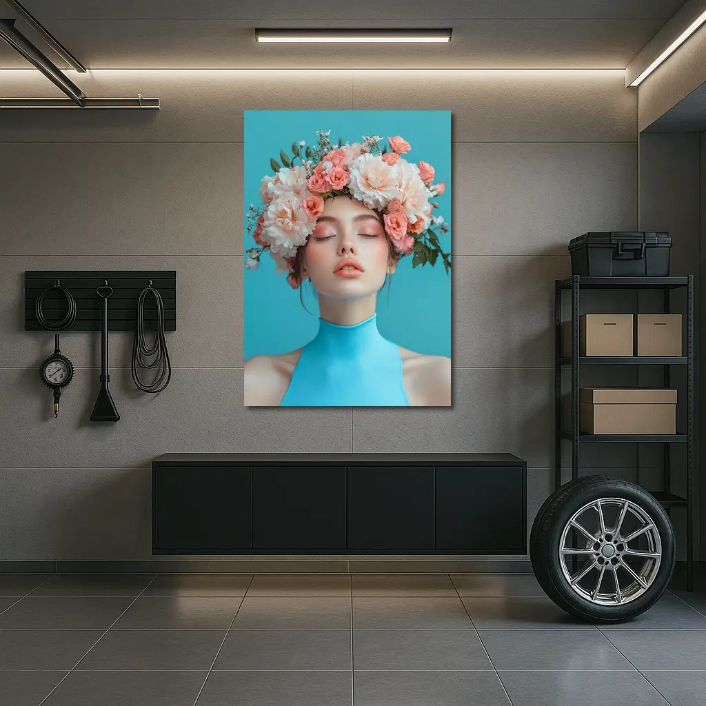 Woman Flower Crown Blue Background Portrait – Wall Art