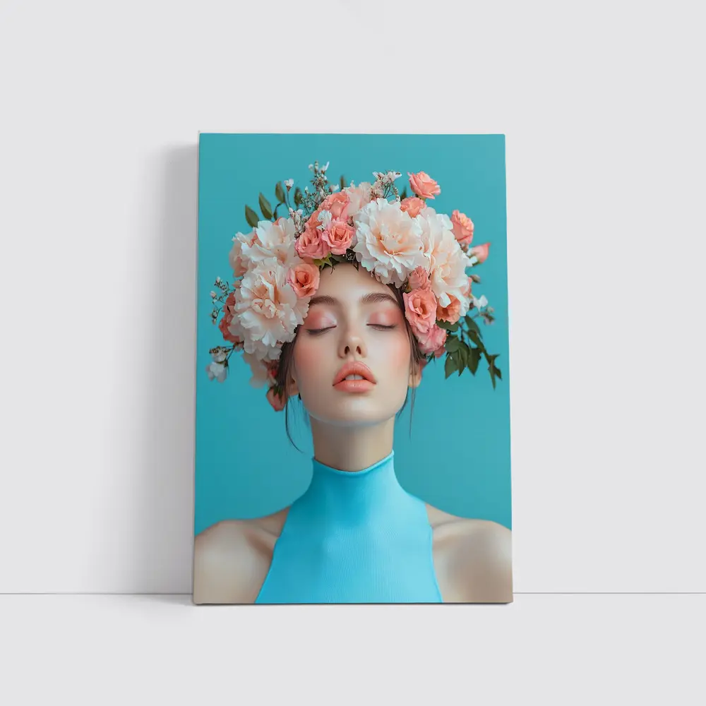 Woman Flower Crown Blue Background Portrait – Wall Art