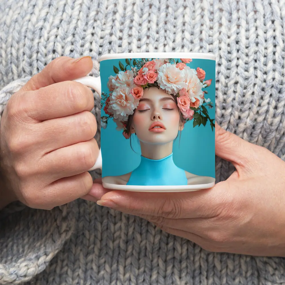 Woman Flower Crown Blue Background Portrait – Mugs