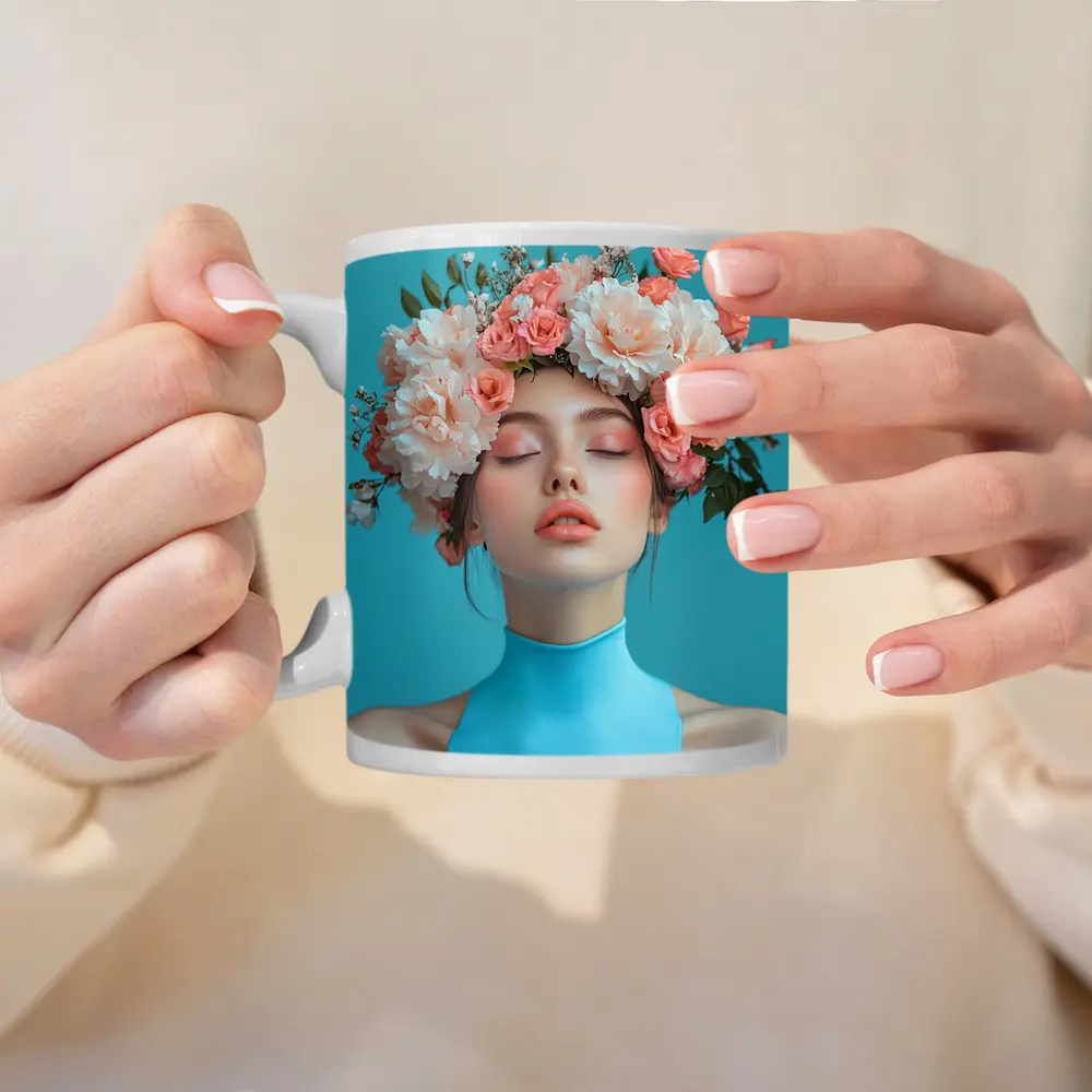 Woman Flower Crown Blue Background Portrait – Mugs