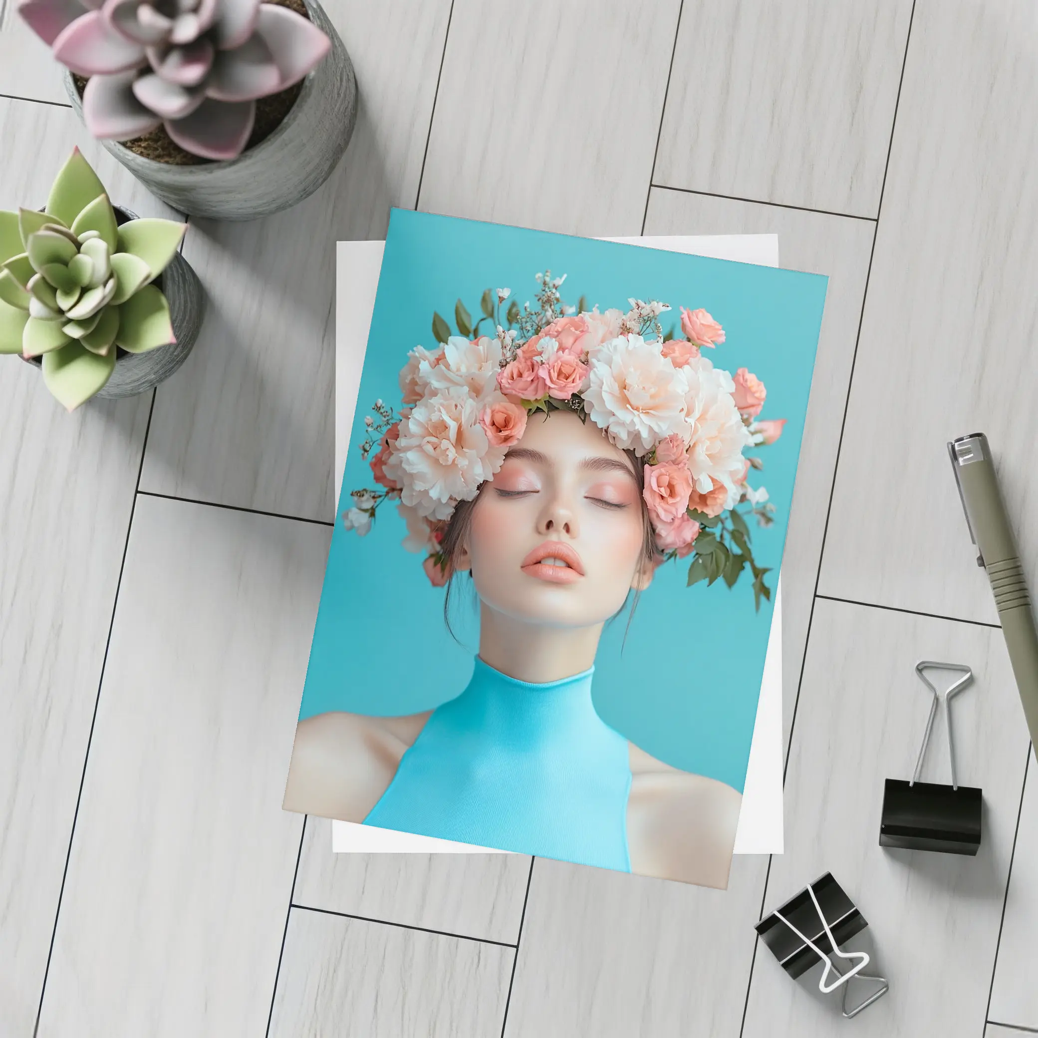 Woman Flower Crown Blue Background Portrait – Postcards