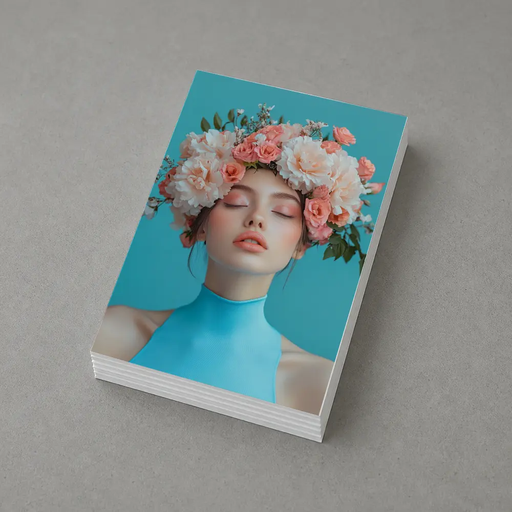Woman Flower Crown Blue Background Portrait – Postcards