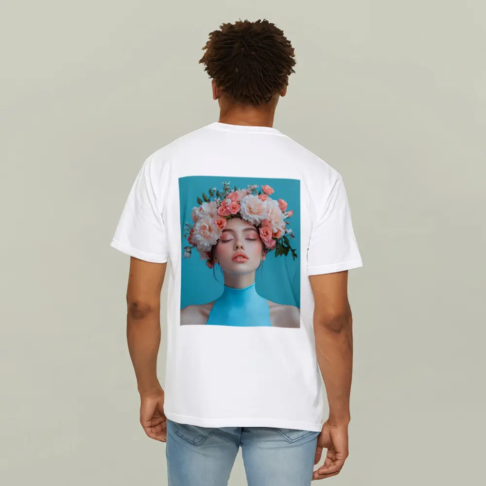 Woman Flower Crown Blue Background Portrait – T-Shirts