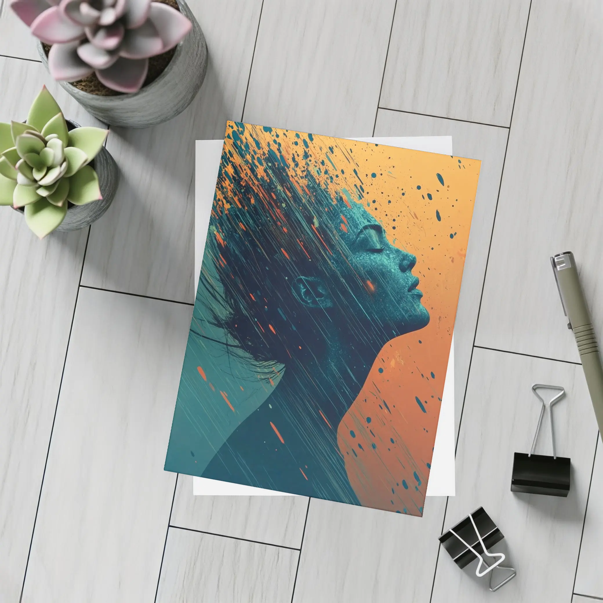 Woman Profile Dissolving Paint Splatter Abstract Art – Postcards