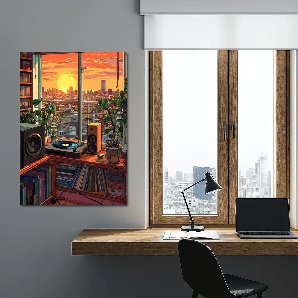 Retro Vinyl Room Anime City Sunset – Wall Art