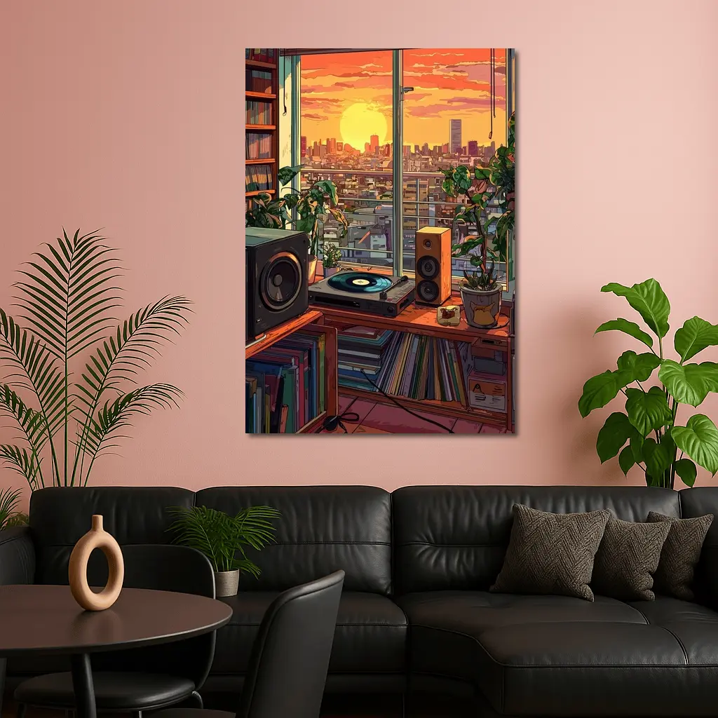 Retro Vinyl Room Anime City Sunset – Wall Art