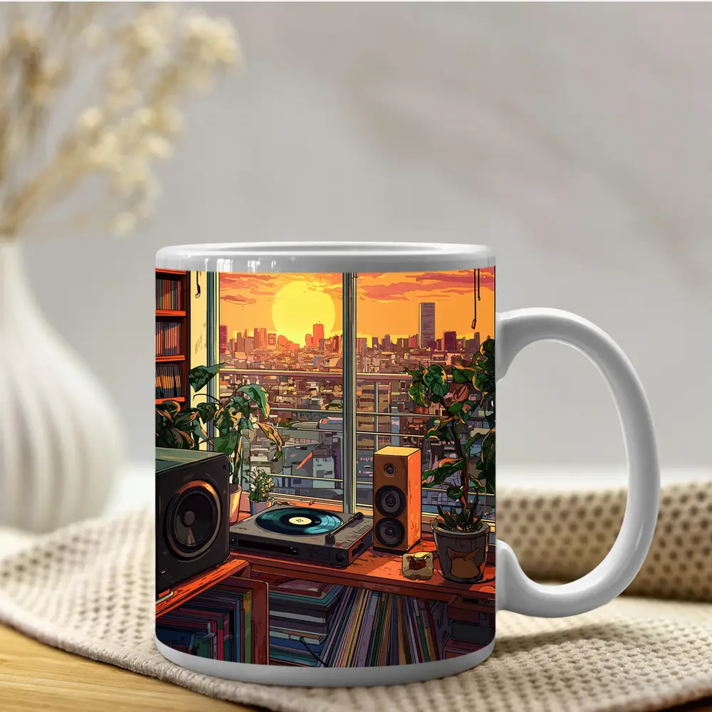 Retro Vinyl Room Anime City Sunset – Mugs