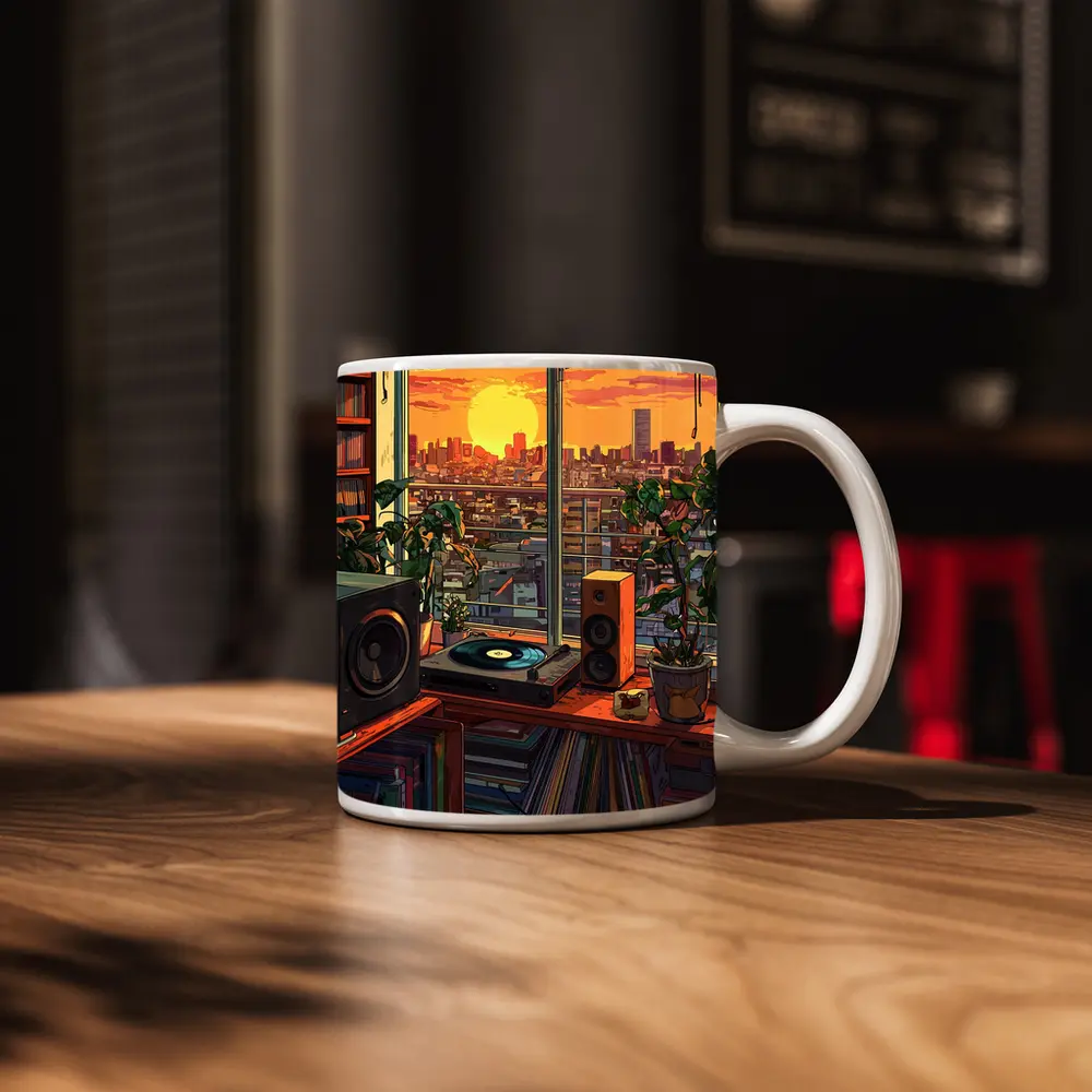 Retro Vinyl Room Anime City Sunset – Mugs