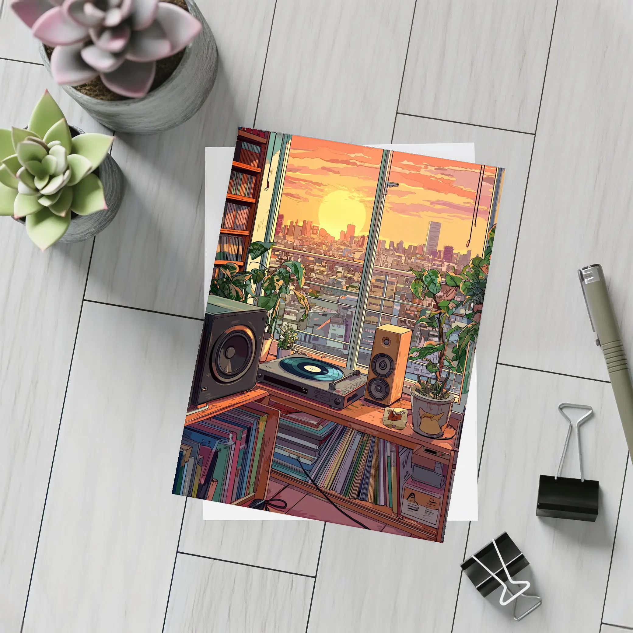Retro Vinyl Room Anime City Sunset – Postcards
