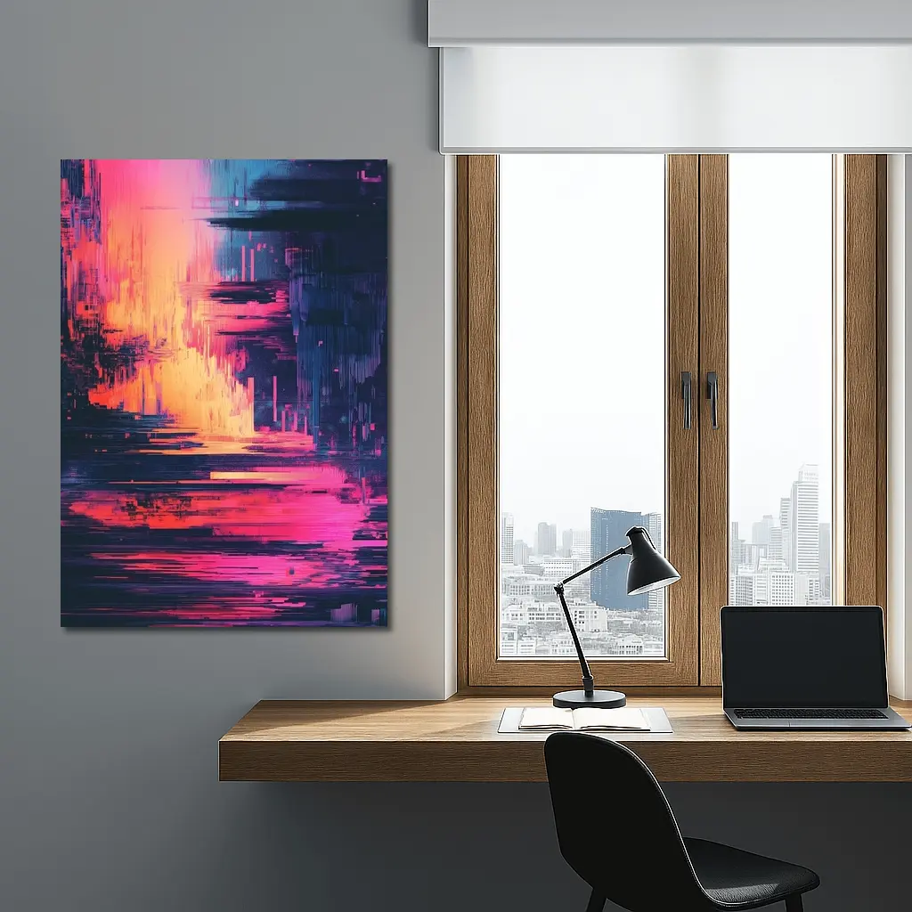 Glitch Art Abstract Neon Pink Cityscape – Wall Art